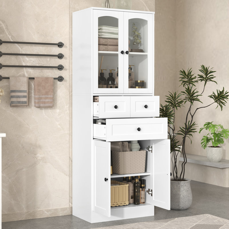 Grande armoire de rangement pour salle de bain Roomfitter avec quatre portes et tiroirs, tablette réglable et cadre en panneau de fibres à densité moyenne, blanc