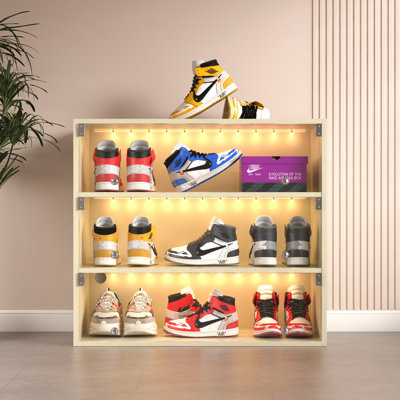 Led Shoe Box Container With Glass - 3 Layers, Wood Constructed, Holds 9 Pairs Of Sneakers, Stackable Cabinet Lights And Doors, 3 Wooden Storage For St