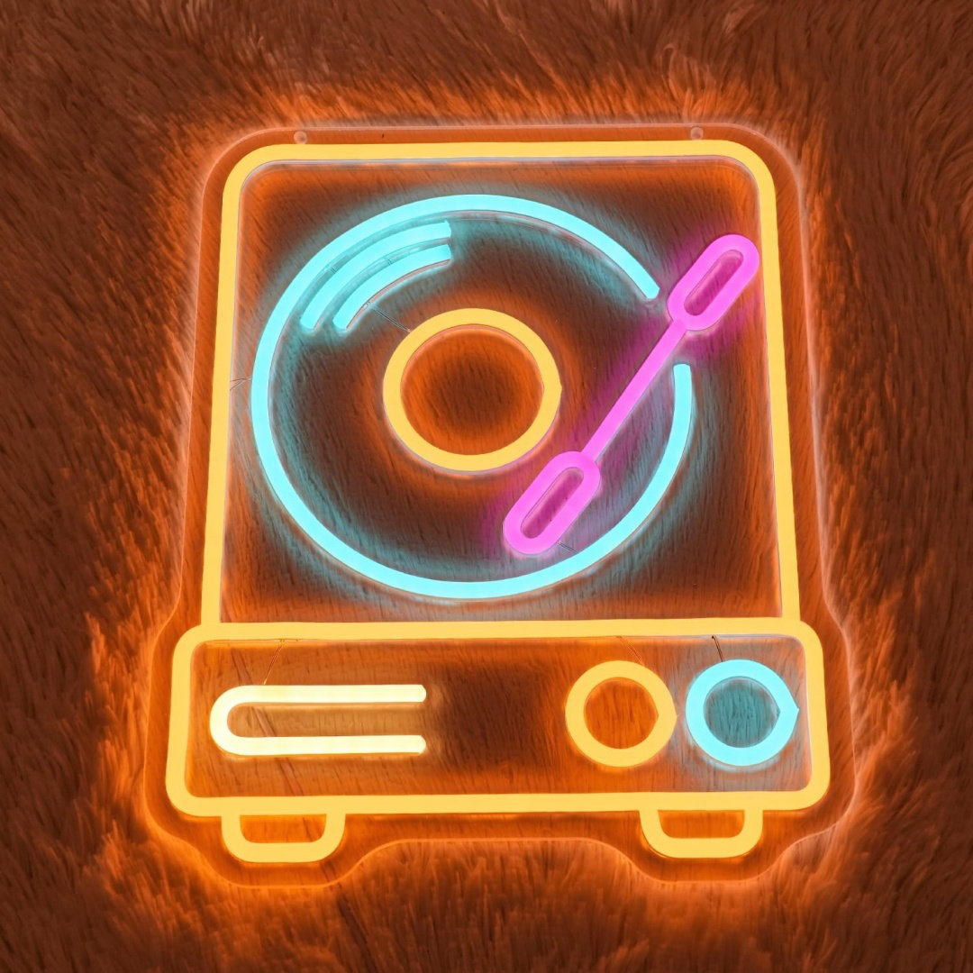Colorful Record Player LED Neon Sign For Bedroom Bar Party, 36 X 30Cm, Yellow