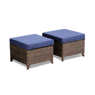 Repose-pieds de patio extérieur pour 2 personnes, repose-pieds gris avec coussins bleus de 3,5 pouces remplis de mousse, support jusqu'à 250 lb, structure en acier rouille, résistant aux intempéries, polyvalent pour la cour ou le jardin, entretien facile