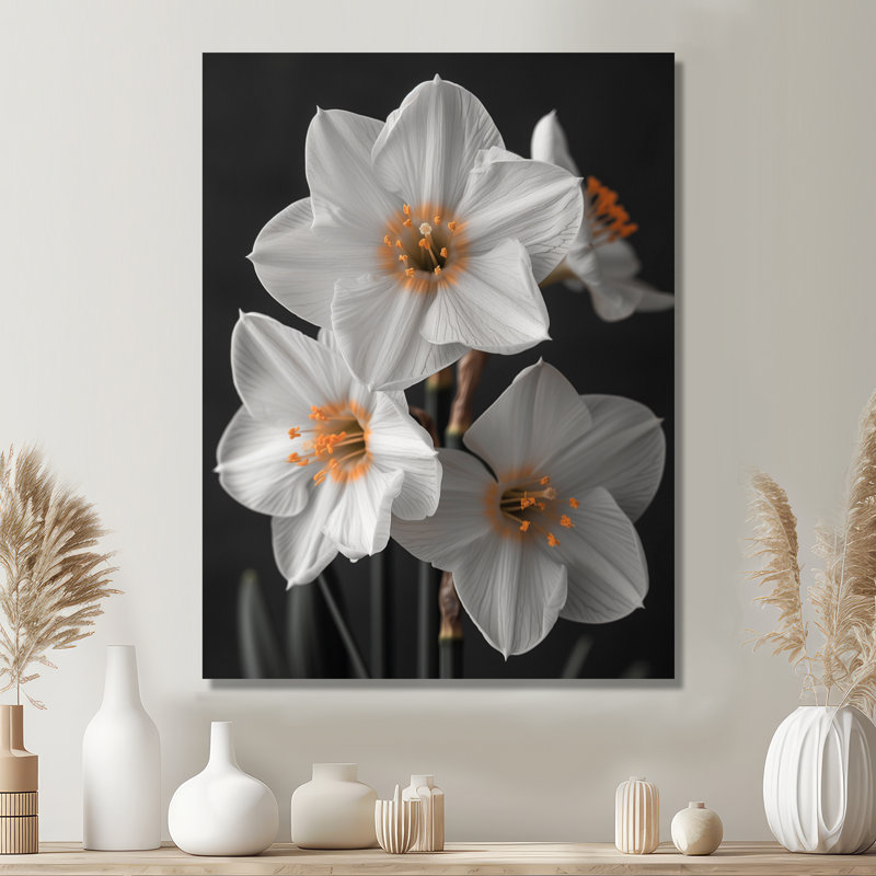 Monochromes blancs jaunes botaniques jonquilles I - jonquilles murales, Toile tendue, H 24 po x l 32 po