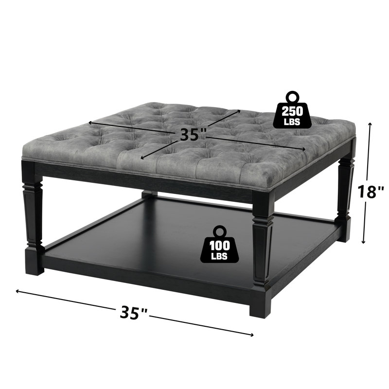 35" Square Velvet Tufted Cocktail Ottoman Coffee Table - Upholstered Storage Ottoman, Grey