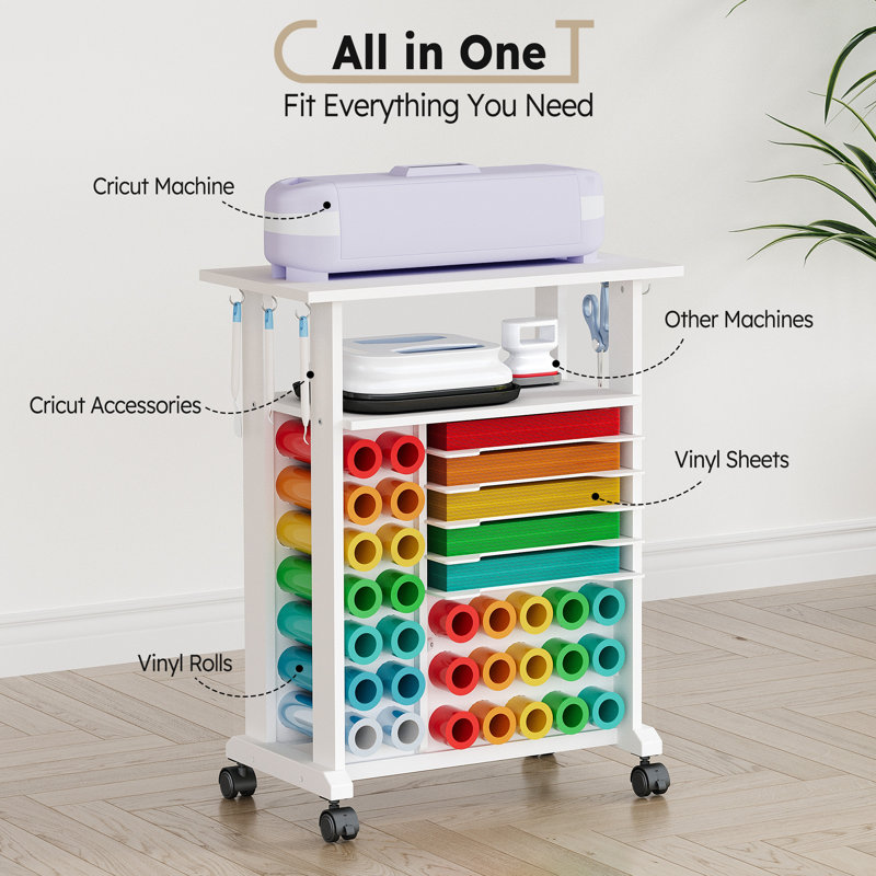 White Rolling Craft Storage Cart with Vinyl Roll Holders and Shelves