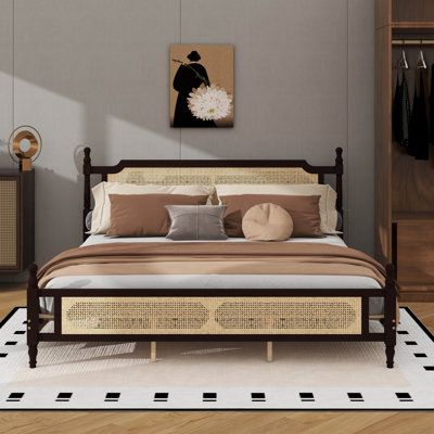 Wood Bed Frame With Rattan Headboard