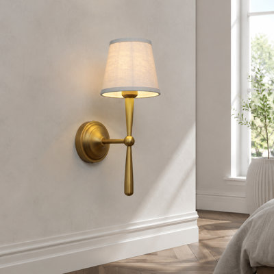 Aged-Brass Hardwired Wall Sconce with Boho Linen Fabric Shade and E26 Base for Bathroom Vanity, Living Room, Bedside and Nightstand