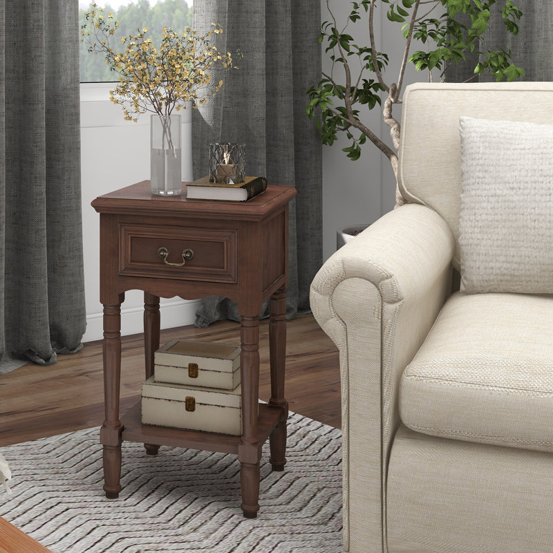 Antiqued Dark Brown Solid Wood Nightstand with 1 Drawer
