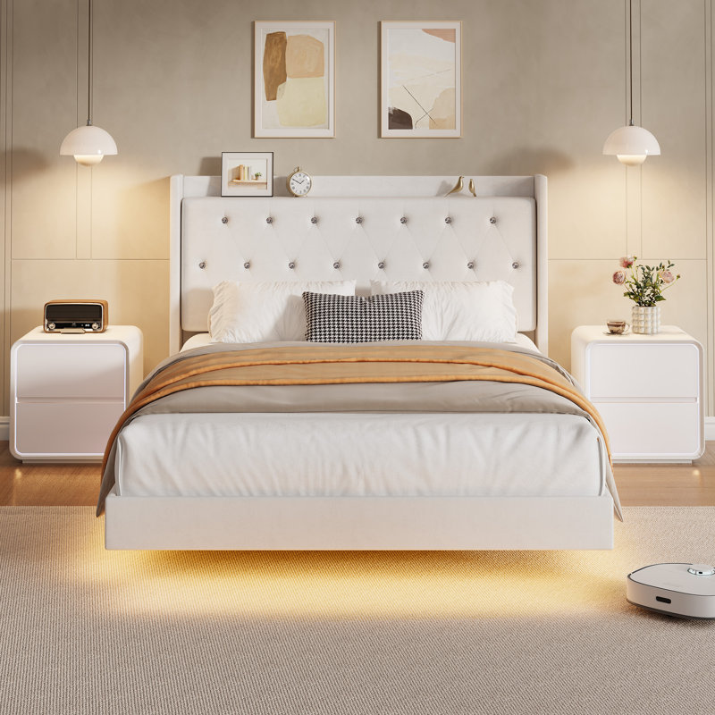 Bed Frame with LED Lights, Upholstered Headboard, Storage Shelves, Heavy Duty Metal Slats, No Box Spring Needed, Noise Free, Easy Assembly, Black