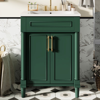 Meuble-lavabo de 24 pouces avec lavabo, armoire de rangement à 2 portes, idéal pour les petites et moyennes salles de bain, rangement spacieux, tablette réglable, lavabo demi-lune, conception pratique et compacte