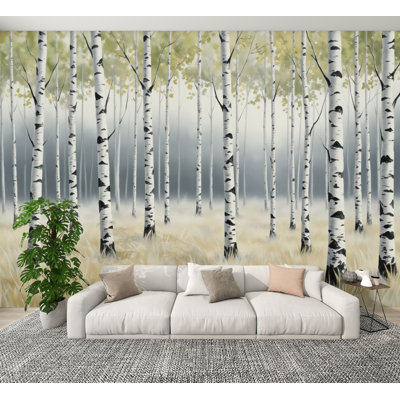 Peel and Stick Wallpaper Birch Tree Forest Autumn Leaves Soft Fog Wall Murals 100"H x 144"W Removable PVC Wall Paper Self-Adhesive Wall Decor for Bedroom Living Room Home Office