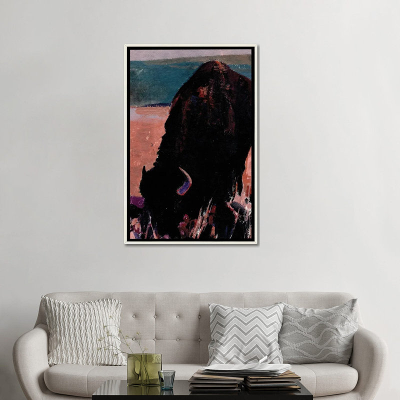 Lone bison - reproduction d'art murale - toile encadrée, 48" x 32", Toile avec cadre, Distressed White