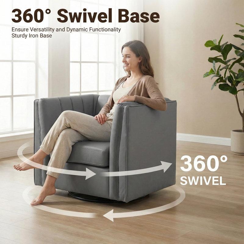 35.4'' Wide Upholstered Faux Leather Mid-Century Swivel Channel Tufting Accent Chair, Gray Faux Leather