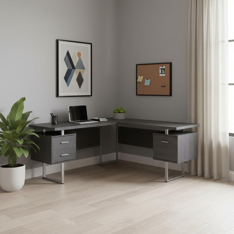 Bureau d'ordinateur en L 71 po à trois tiroirs gris et argent