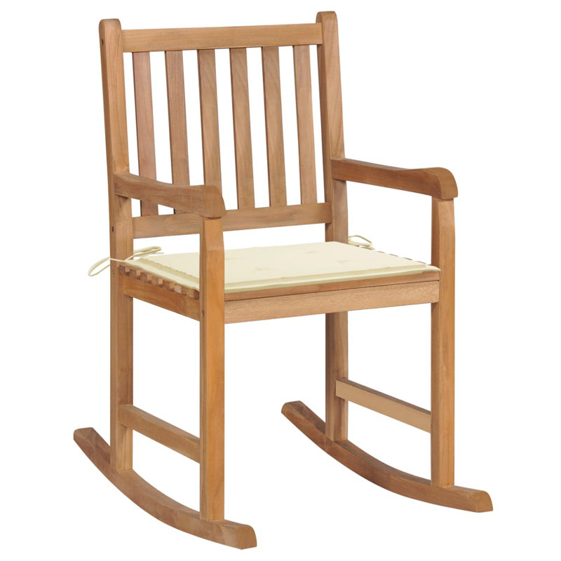 Chaise berçante d'extérieur avec coussin en bois de teck, Crème
