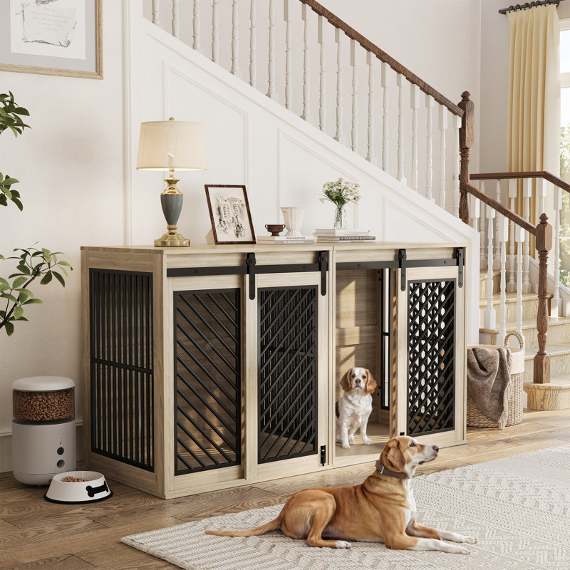 61" W Separable Large Dog Crate Furniture with Divider – Versatile Design for Multiple Dogs and Spaces, Oak