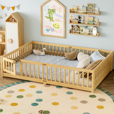 Natural Queen Floor Bed For , Featuring Guardrails And Switched Door, Low Profile Secure Exploration, Made Of Pine Plywood, Removable Slats Custom Use In Different Cases With Rails Independent