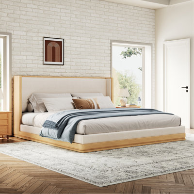 Mid - Century Modern King Sized Bed Frame With 70S Retro Edge, Beige Chenille Upholstery, Strong Load Bearing Structure For Bedroom Use Bed, Design, High