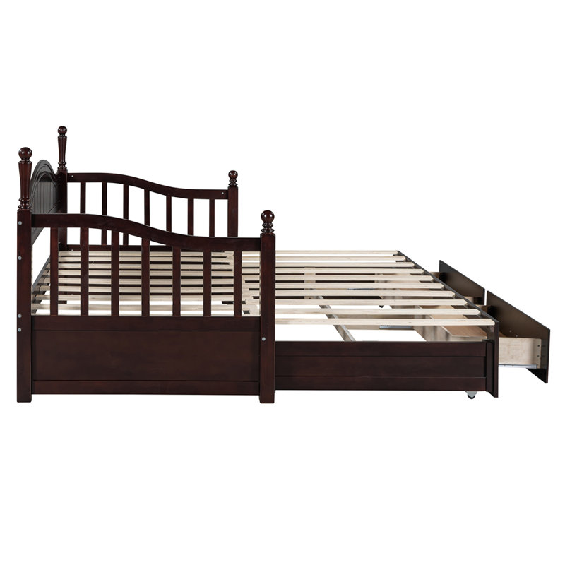 Wooden Twin Size Daybed with Twin Size Trundle, Extendable Daybed with Two Storage Drawers, Espresso
