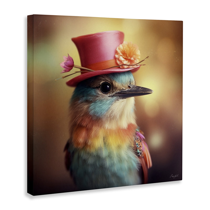«Pastel Bird in Hat» par Roozbeh, reproduction d'art sur toile tendue, H 17 po x l 17 po