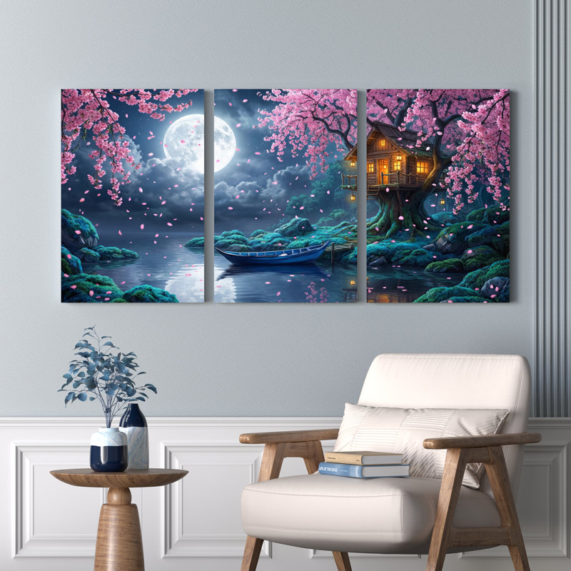 Ensemble de 3 toiles murales « Paysage de cerisiers en fleurs au clair de lune » pour salon, chambre et décoration intérieure