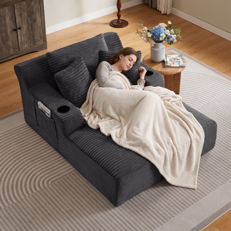 Non-assemblage requis Chaise longue surdimensionnée de 66 po avec porte-gobelets, canapé moderne rembourré en velours côtelé, sans assemblage requis, canapé-lit confortable pour le salon, noir