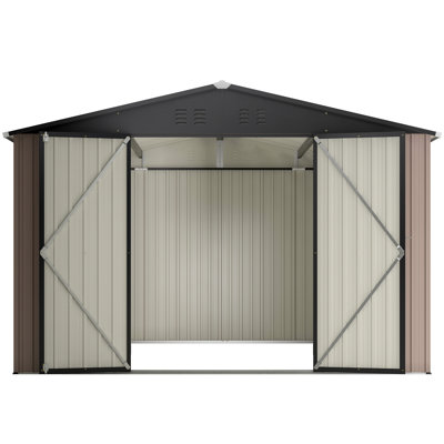 Remise de rangement en métal brun 10 pi x 10 pi, porte verrouillable, ventilation pour la terrasse et l'extérieur, brun, portes, équipement de jardin