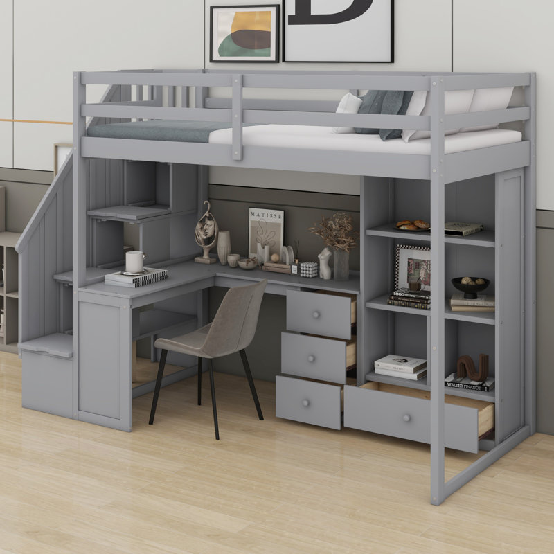 Lit mezzanine avec bureau en L et tiroirs, armoire et escalier de rangement, Gris