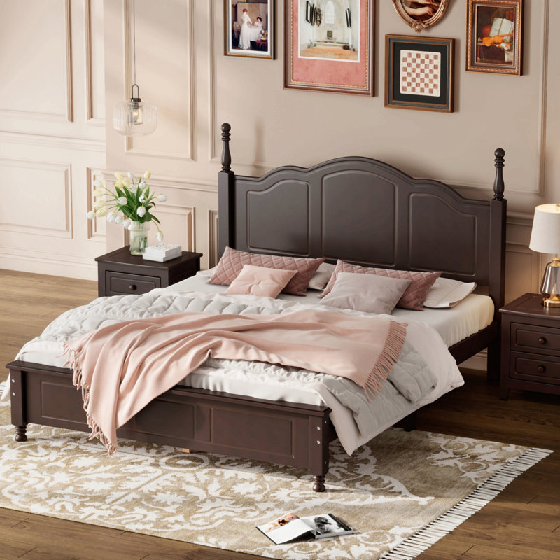 Structure de lit plateforme en bois, lit plateforme de style rétro avec support en lattes de bois, Noyer, Grand lit