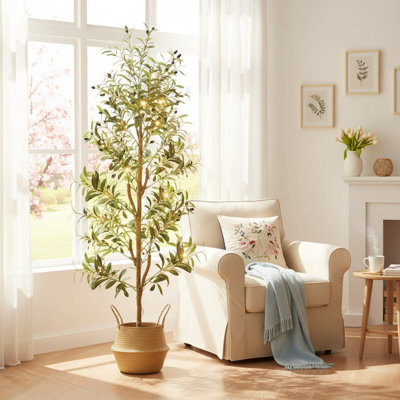 6FT Faux Olive Tree with Planter Basket & Lights, Natural Wood Trunk Realistic Fruits Artificial Tree for Home Office Decor