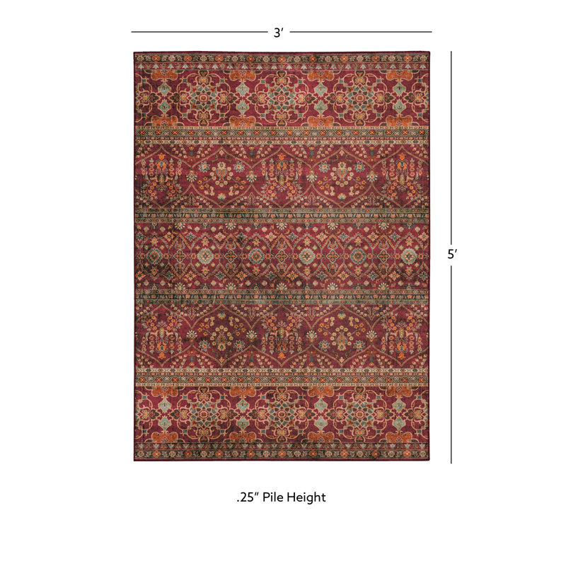 Ducote Washable Garnet and Ivory Machine Woven Area Rug, Rectangle 3' x 5'