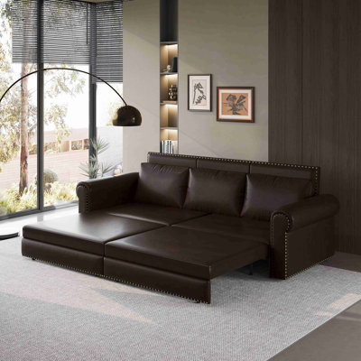 Chesterfield Sofa,93.7" King Pull Out Sofa Bed, 3-In-1 Faux Leather Convertible Sleeper Sofa With Nailhead Trim & Rolled Arm,Multi-Functional Sofa Bed