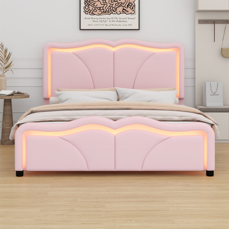 Lit plateforme tapissier avec tête de lit courbée et bandes lumineuses à DEL, Double, Rose