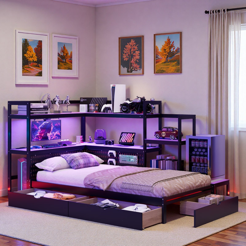 Lit de jour Modern Gaming avec bureau intégré, bibliothèque, 3 tiroirs de rangement, tête de lit en carton perforé, station de charge intégrée et éclairage à DEL