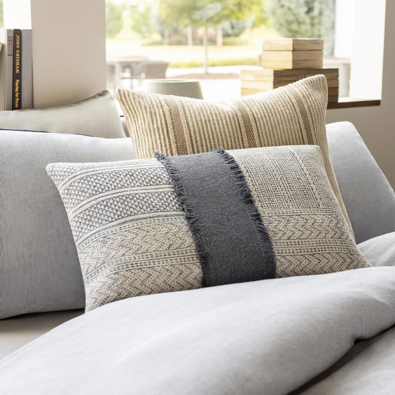Ivory and Navy Cotton Rectangular Decorative Pillow