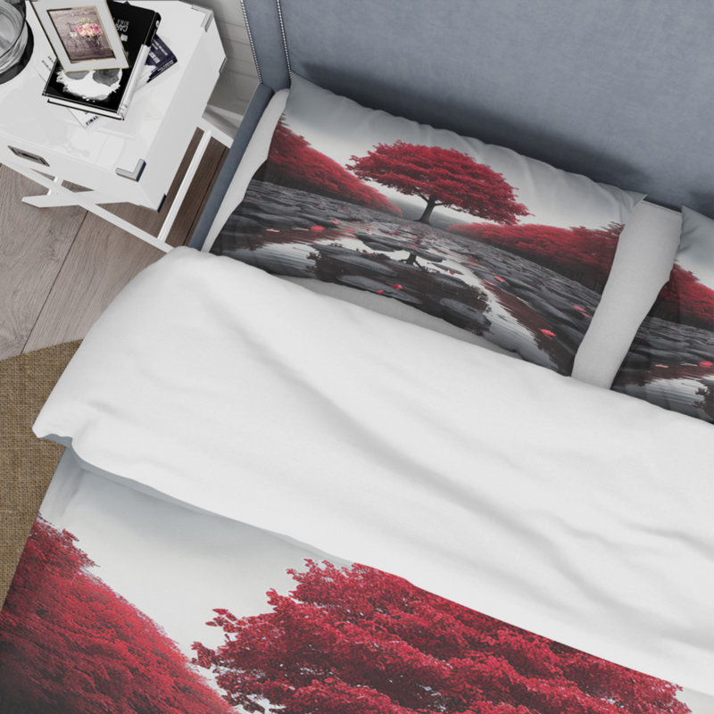 Ensemble de housse de couette Red and Grey Forest Serenity Bedding, Housse de couette simple + 1 taie décorative stan
