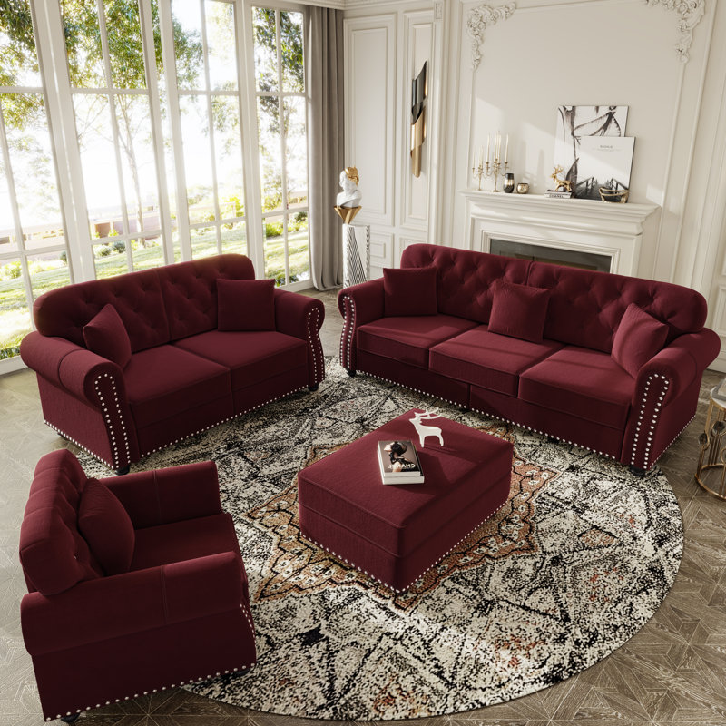 Ensemble de salon 4 pièces en velours Chesterfield, Bourgogne