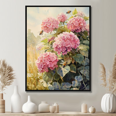 Hortensias dans le champ de trèfles I - hydrangées, art mural