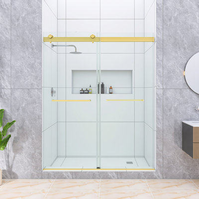 60 po X P 74 po Porte de douche coulissante double sans cadre H, verre trempé 5/16 po avec finition or brossé et système de fermeture en douceur