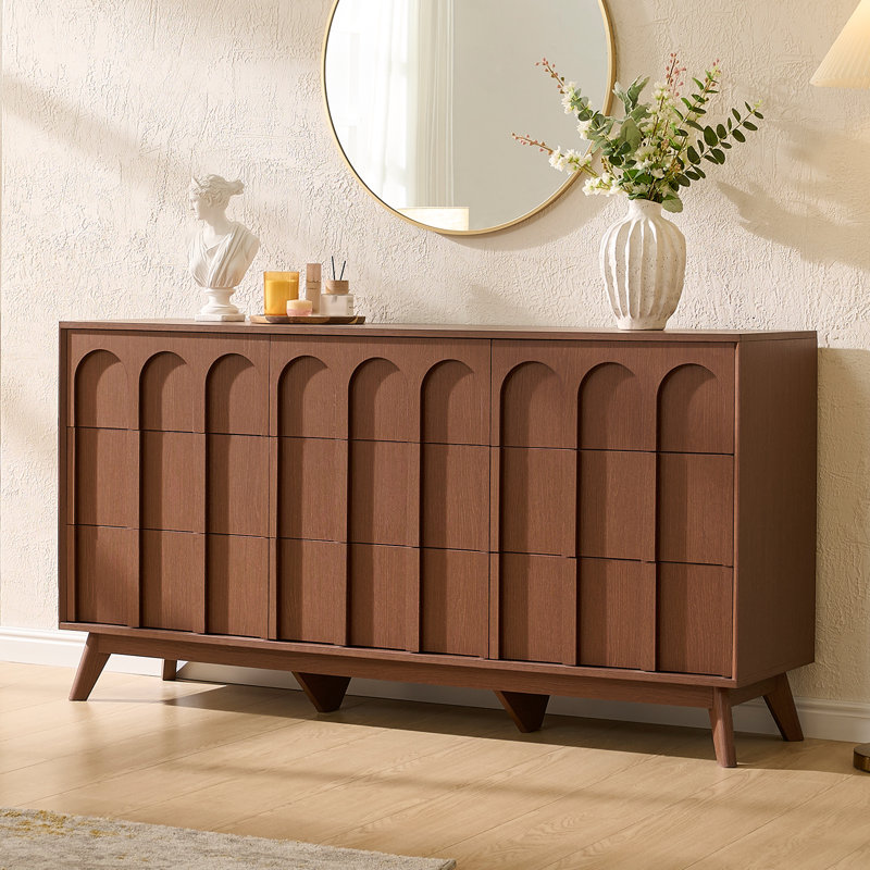 9-Drawer Mid-Century Arched Dresser, Tan
