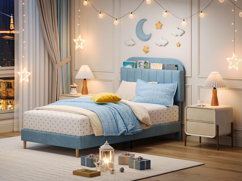 Twin Velvet Upholstered Kids Bed with Drawer, Low Profile, Wood Slats, Blue, Twin, Blue