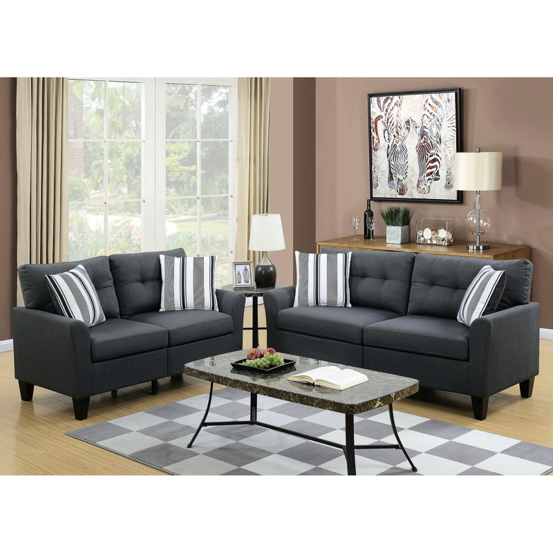 Modern 2Pc In Living Room - Charcoal Glossy Polyfiber And With Solid Pine Frame, Plywood Base, Cushion Couch, Back, Strips Pillows, Wood Legs For Area