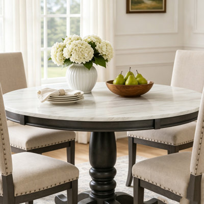 Round Marble-Style Dining Table with Rubberwood Legs