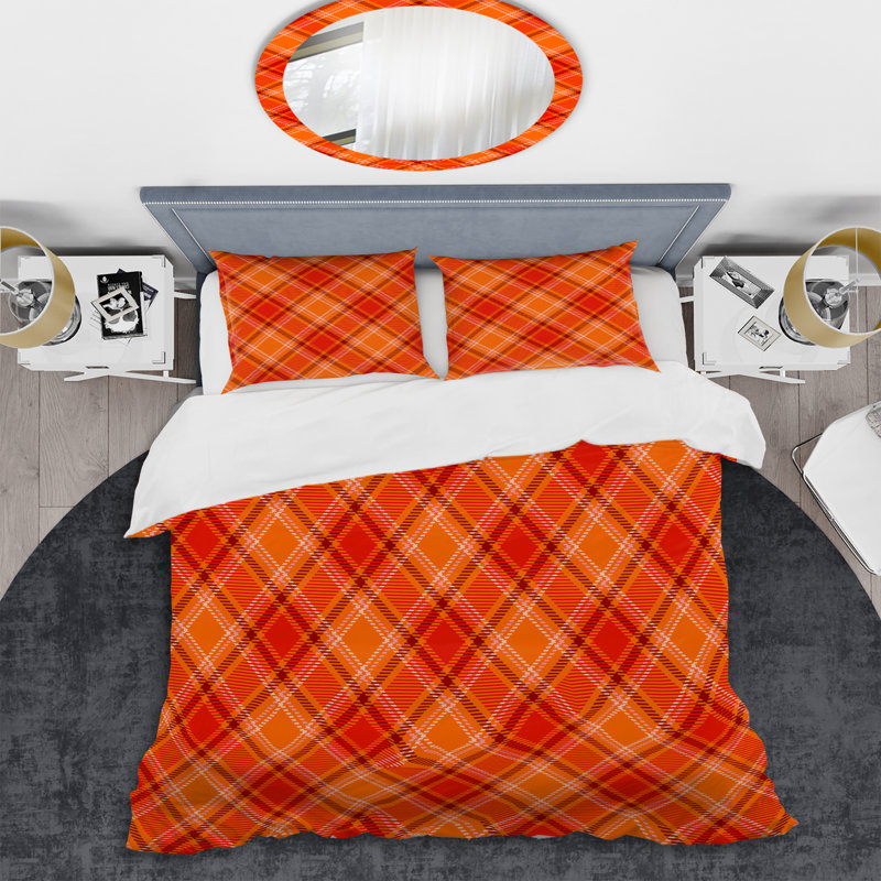 Tartan à carreaux orange - ensemble de housse de couette abstrait - microfibre de polyester