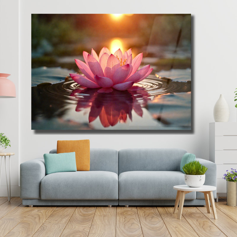 Fleur de lotus rose au coucher du soleil, tableau en verre trempé, H 18 po x l 24 po