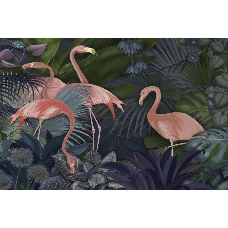 Flamants dans un jardin bleu, H 24 po x l 36 po x P 1 po