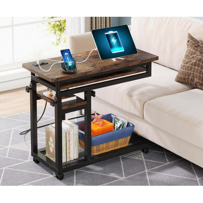 Bureau portatif réglable de 28 à 39,3 po de hauteur avec prise de courant et ports USB, table de bout roulante en forme de C avec plateau à clavier, petit bureau debout avec roulettes