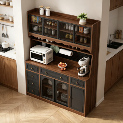 63" Extra Wide Buffet Cabinet With Hutch, Freestanding Kitchen Pantry & Coffee Bar With Power Outlet, Pegboard And Glass Doors