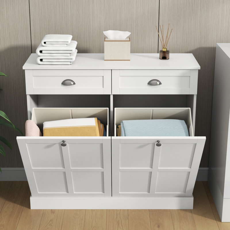 Double Tilt Out Laundry Hamper Cabinet With 2 Drawers & 2 Laundry Storage Baskets, 30 Gallon Trash Can Cabinet, Storage Cabinet For Bathroom, Laundry Room, Kitchen, White