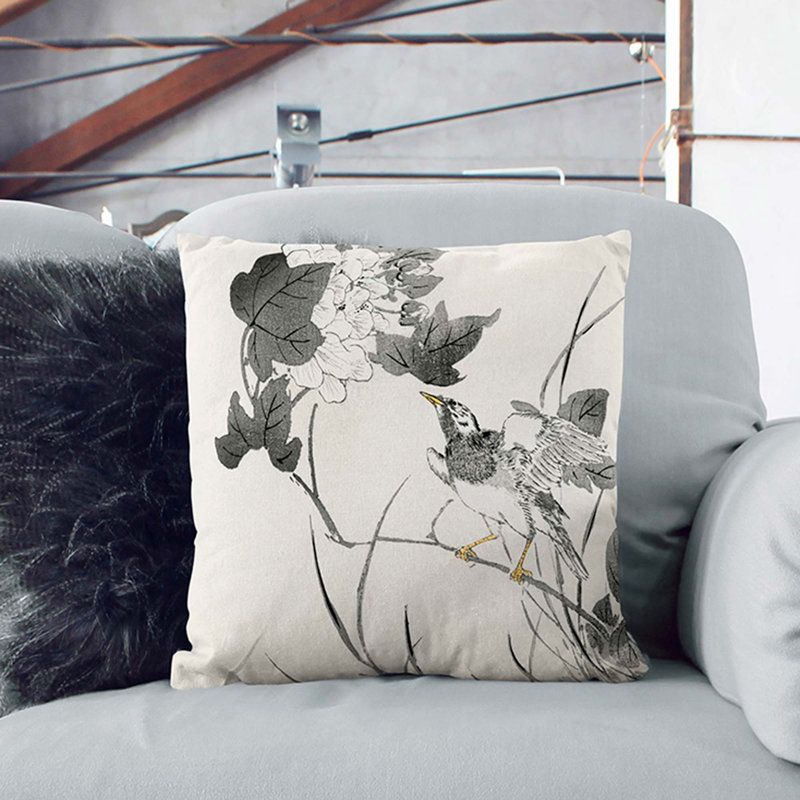 Starling with Lotus Flowers by Numata Kashu Cushion with Filling, 40cm H x 40cm W x 15cm D