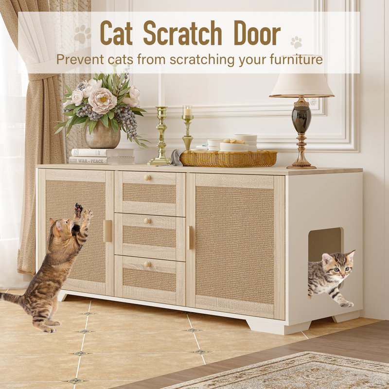 Natural Wood Cat Litter Box Enclosure with Scratching Pad and Drawers
