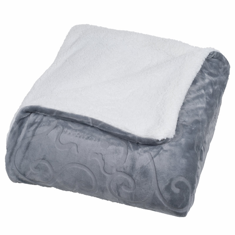 Grey Full/Queen Floral Etched Fleece Blanket with Sherpa